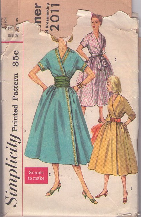 Simplicity 2011 Vintage 50's Sewing Pattern Rockabilly Dress Set, Lucy Wrap Around House Dress, House Coat, 3 Styles Size 12
