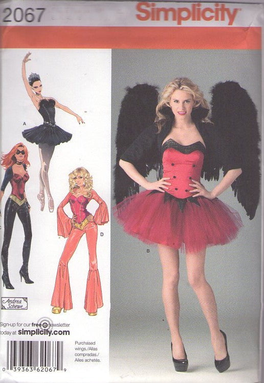 Simplicity 2067 Retro 2011 Sewing Pattern Cosplay Costumes, Designer Andrea Schewe Strapless Corset, Ballet Tutu, Disco Bell Bottoms Pants, Top, Black Swan, Super Hero, Disco Party Costumes Size 6-12