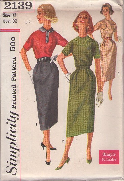 Simplicity 2139 Vintage 50's Sewing Pattern Sheath Dress Set, Triple Treat, Rockabilly Dress Set, Contrast Bodice, Pleat Fitted Slim Skirt, 3 Styles Size 12