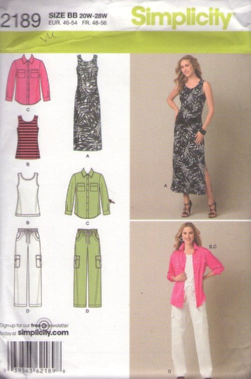 Simplicity 2189 Retro 2011 Sewing Pattern Plus Size Separates, Midi Dress, Tank Top, Shirt, Cargo Pants Size 20W-28W