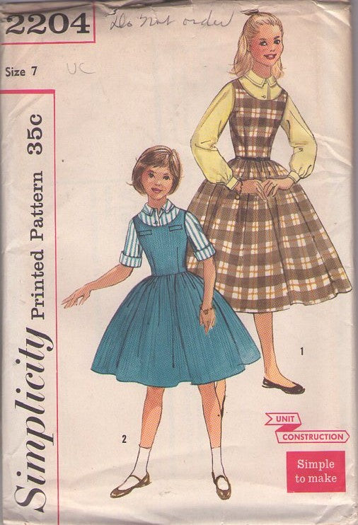 Simplicity 2204 Vintage 50's Sewing Pattern Girls' Blouse, Jumper Set, Scoop Neck, Full Skirt Jumper, Dress & Collared Blouse Size 7