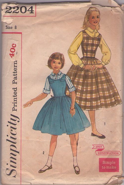 Simplicity 2204 Vintage 50's Sewing Pattern Girls' Blouse, Jumper Set, Scoop Neck, Full Skirt Jumper, Dress & Collared Blouse Size 8