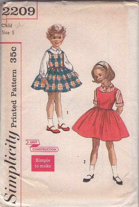 Simplicity 2209 Vintage 50's Sewing Pattern Girls' Jumper, Top, Modest Scoop Neck Flared Skirt Jumper, Sun Dress, Blouse Set SIMPLE to Make Size 5
