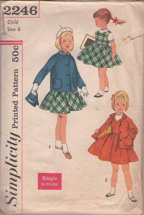 Simplicity 2246 Vintage 50's Sewing Pattern Girls' Suit Separates, Simple to Make Modest School Jumper Dress with Full Skirt, Raglan Sleeve Jacket, Coat Size 6