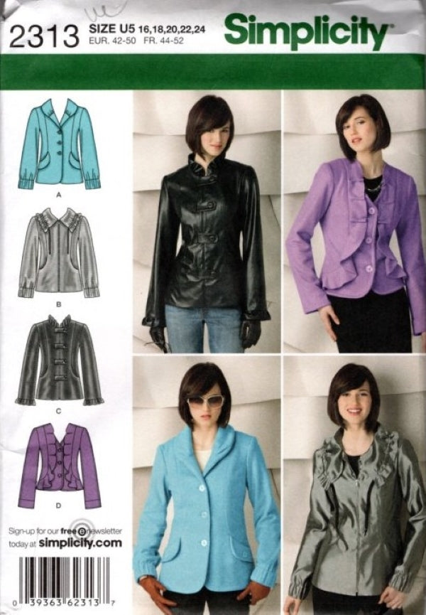 Simplicity 2313 Retro 2010 Sewing Pattern Chic Jacket, Coat Set, Faux Leather, Ruffles, Fancy or Plain 4 Styles Size 16-24