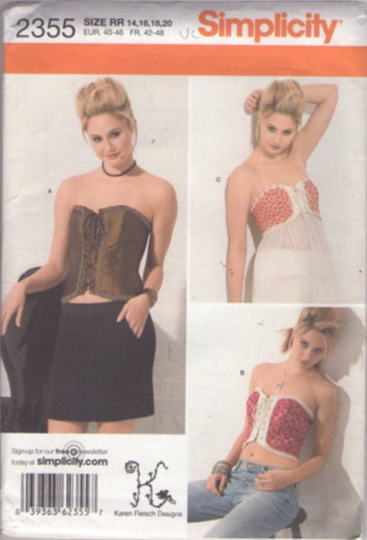 Simplicity 2355 Retro 2010 Sewing Pattern Corset Set, Karen Fleisch Designs Strapless Front Lace Up Corset Bustier Top, Sheer Skirted Negligee Nightie with Lace Up Bra Top Size 14-20