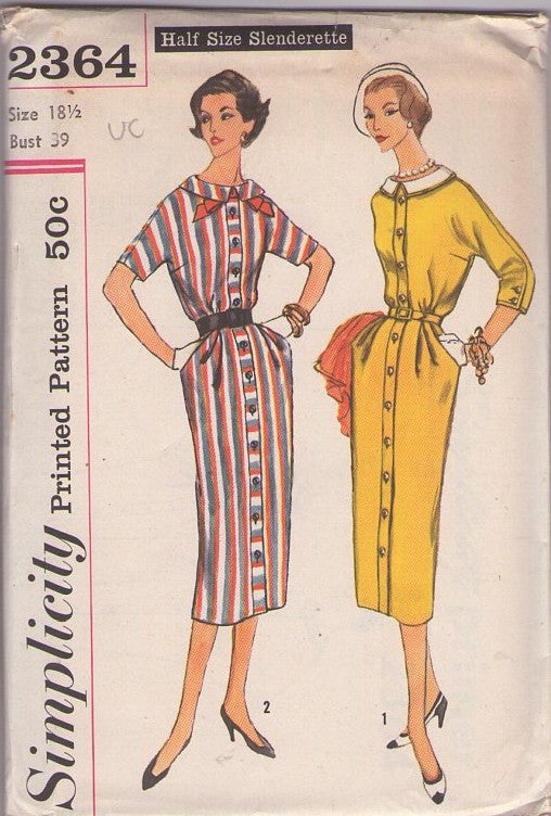 Simplicity 2364 Vintage 50's Sewing Pattern New Look Coat Dress, Retro Lucy, Slenderette, Flat Collar, Kimono Sleeve, Front Buttoned Sheath Dress Size 18.5