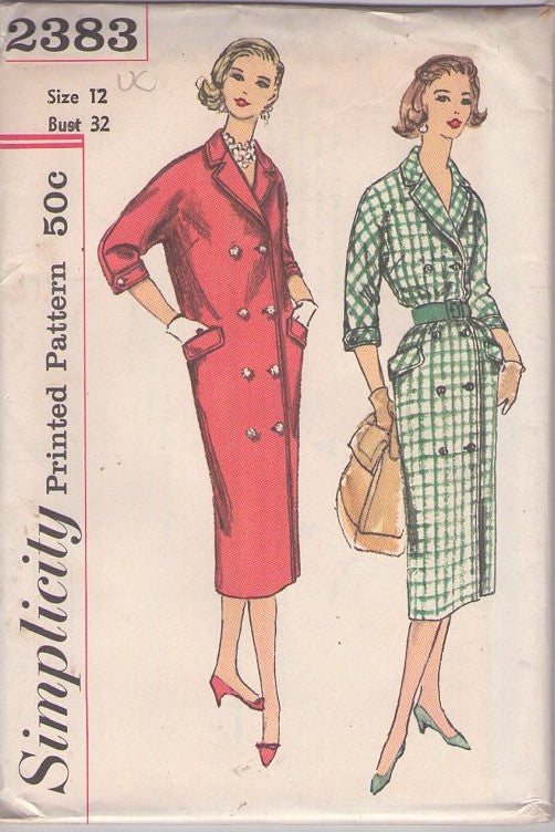 Simplicity 2383 Vintage 50's Sewing Pattern Coat Dress, Coat, Double Breasted, Kimono Sleeve Dress, Button Tab Details Size 12