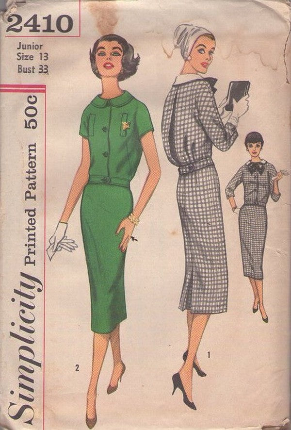 Simplicity 2410 Vintage 50's Sewing Pattern Middy Dress Set, Rockabilly, Mad Men Bloused Back Pleated Jacket Top Blouse, Slim Pencil Sheath Skirt, 2 Piece Dress Size 13
