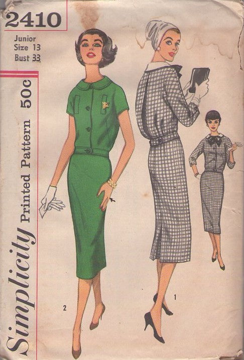 Simplicity 2410 Vintage 50's Sewing Pattern Middy Dress Set, Rockabilly, Mad Men Bloused Back Pleated Jacket Top Blouse, Slim Pencil Sheath Skirt, 2 Piece Dress Size 13