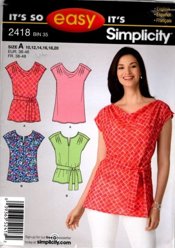 Simplicity 2418 Retro 2010 Sewing Pattern Easy Pullover Tops, Cowl Neck Shirt Set Size 10-20