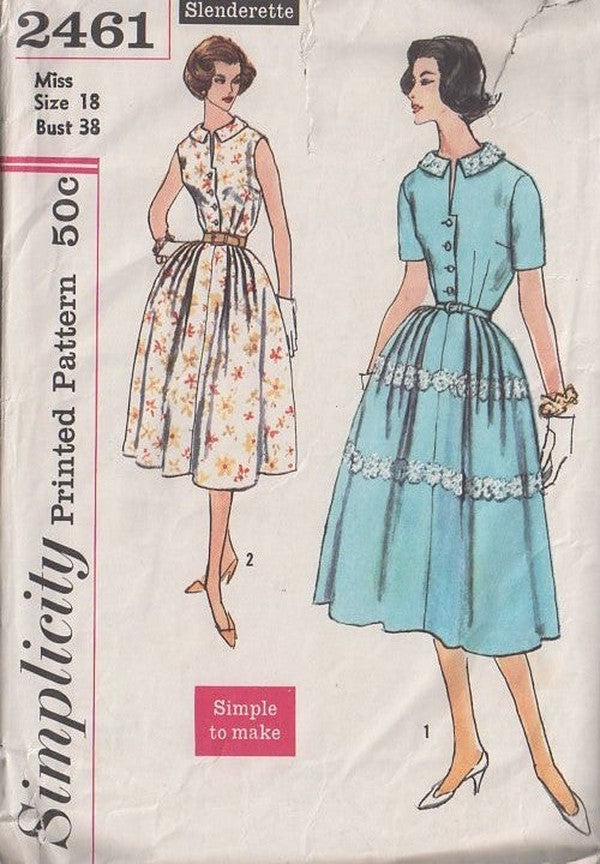 Simplicity 2461 Vintage 50's Sewing Pattern Rockabilly Dress Set, Simple to Make Daytime Party Dress, Shirtwaist, Pleated Lace Medallion Trim Skirt Size 12