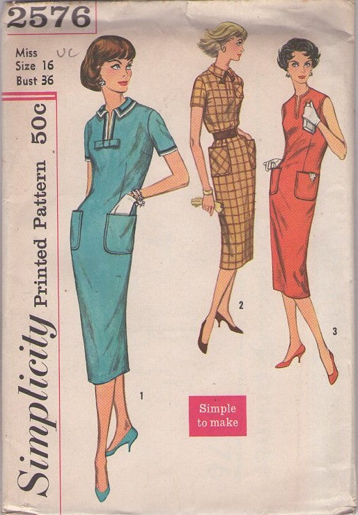 Simplicity 2576 Vintage 50's Sewing Pattern Sack Dress, Curve Hugging, Simple to Make, Rockabilly Mad Men, Sheath Party Dress, Slit Neck Size 16