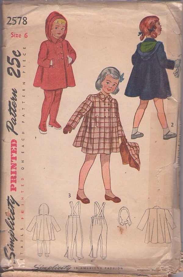 Simplicity 2578 Vintage 40's Sewing Pattern Girls' Coat, Hood, Leggings, Droopy Detachable Hood Hat, Flared Tent Coat, Jacket, Jodhpurs Pants Size 6