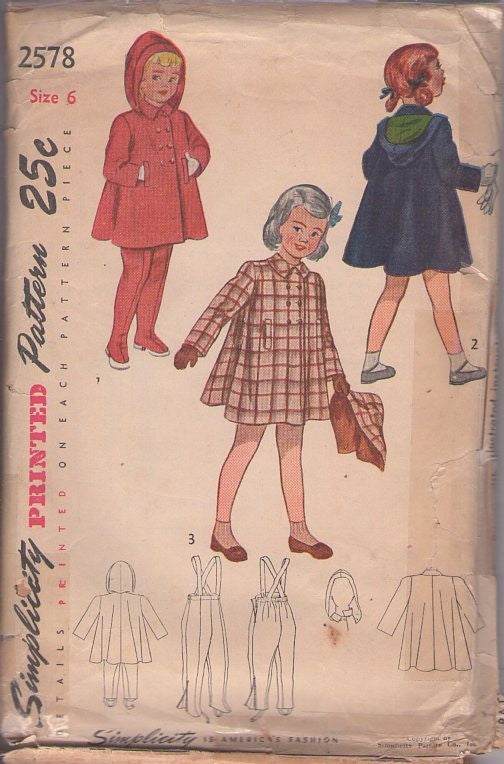 Simplicity 2578 Vintage 40's Sewing Pattern Girls' Coat, Hood, Leggings, Droopy Detachable Hood Hat, Flared Tent Coat, Jacket, Jodhpurs Pants Size 6