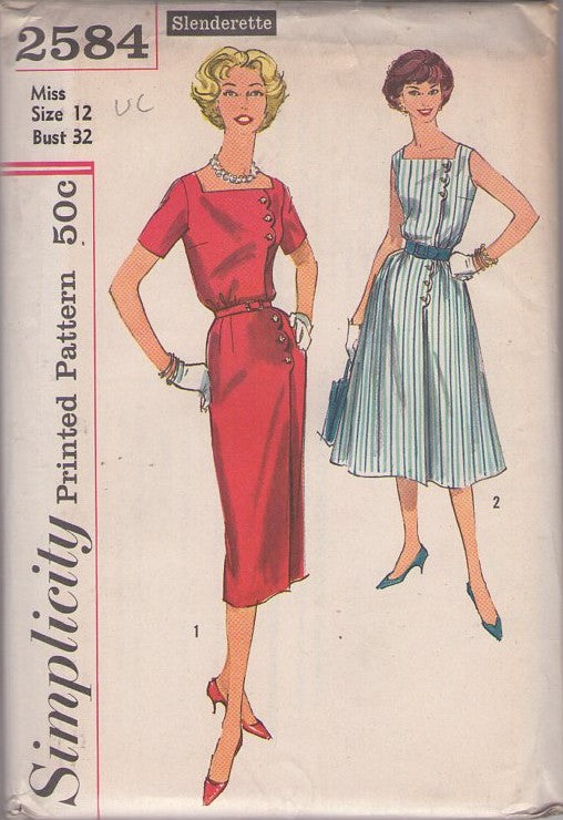 Simplicity 2584 Vintage 50's Sewing Pattern Slenderette Dress, Square Neck, Front Wrap, Scallop Button Tabs, Sheath Dress, Flared Skirt Coat Dress Size 12