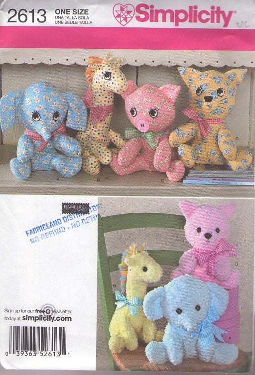 Simplicity 2613 Retro 2009 Sewing Pattern Baby Toys, Calico, Chenille, Stuffed Toy Animal Set, Elaine Heigl Designs One Size