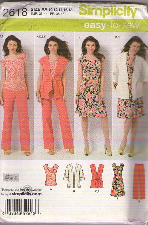 Simplicity 2618 Retro 2009 Sewing Pattern Easy Summer Wardrobe, Dress, Tshirt Top, Vest, Jacket, Pants Size 10-18