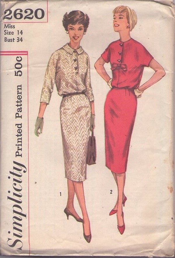 Simplicity 2620 Vintage 50's Sewing Pattern Sheath Dresses, Secretary Button Front Dress, Kimono Sleeves Size 14