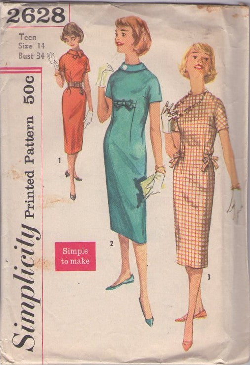 Simplicity 2628 Vintage 50's Sewing Pattern Rockabilly Day Dress, Dart Fitted, Side Ties, Cocktail Party Dress Simple to Make Size 14