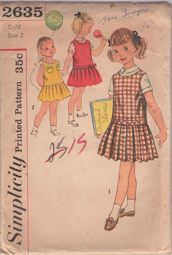 Simplicity 2635 Vintage 50's Sewing Pattern Girls' Drop Waist Jumper, Dress, Pleats, Collared Blouse Size 2