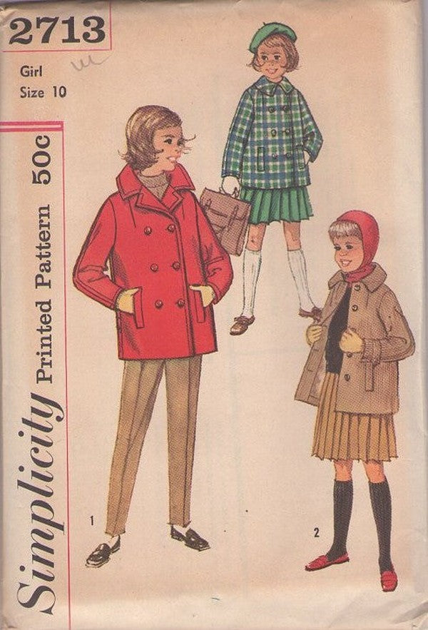 Simplicity 2713 Vintage 50's Sewing Pattern Girls' Coats, Large Collar Single Breasted Jacket, Double Breasted Pea Coat, Car Coats Pockets 2 Styles Size 10