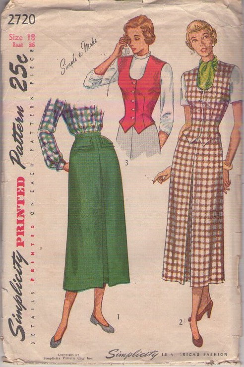 Simplicity 2720 Vintage 40's Sewing Pattern Vest & Skirt Set, Easy Modest Secretary Suit Separates, 3 Styles Size 18