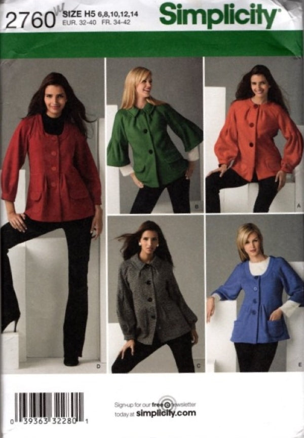 Simplicity 2760 Retro 2008 Sewing Pattern Mod Style Jacket, Coat Set, Bell Sleeves, Babydoll, 5 Chic Styles Size 6-14