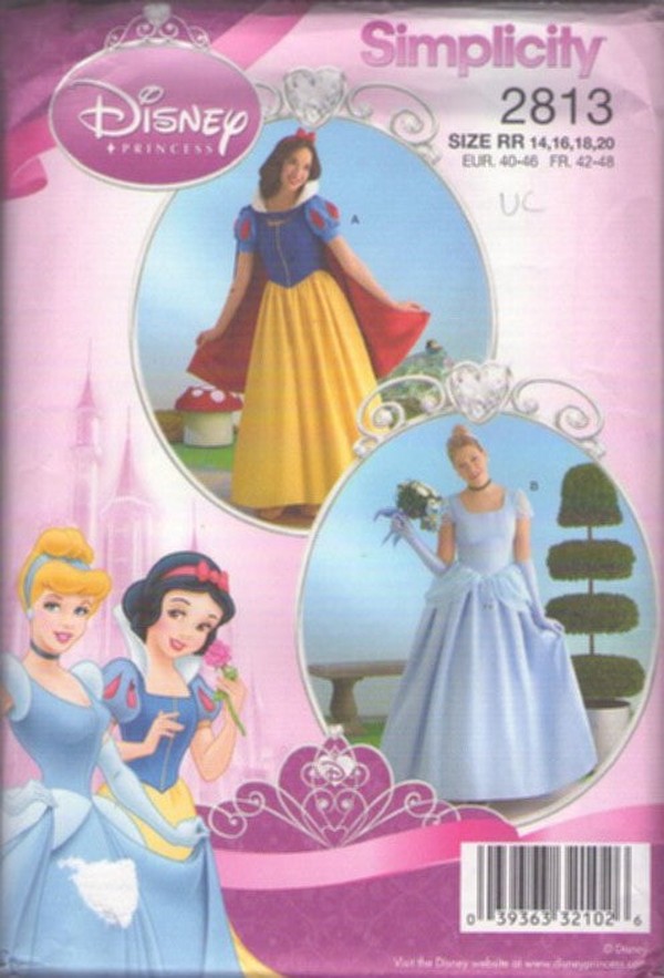 Simplicity 2813 Retro 2008 Sewing Pattern Princess Cosplay, Costumes, Official Disney Princess Snow White & Cinderella Costumes Dress, Gown, Cape, Headbands ADULT Size 14-20