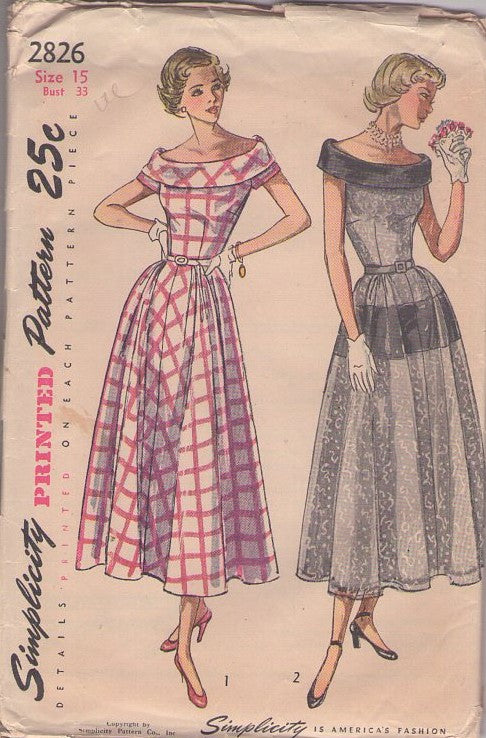 Simplicity 2826 Vintage 50's Sewing Pattern New Look Dress, Cuffed Off the Shoulders Bodice, Flared Tea Length Skirt Size 15