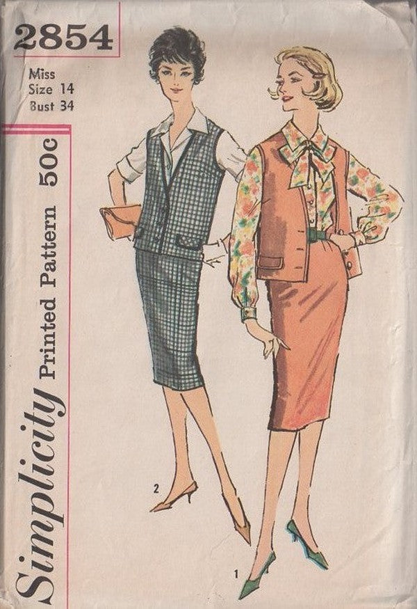 Simplicity 2854 Vintage 50's Sewing Pattern Petite Separates, Mad Men Secretary Sleeveless Vest Jacket, Tie Collar Blouse, Slim Sheath Pencil Skirt Size 11