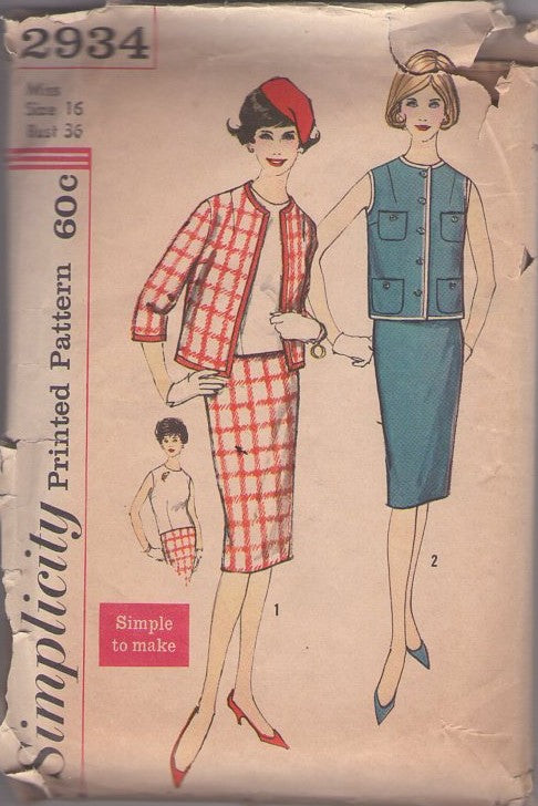 Simplicity 2934 Vintage 50's Sewing Pattern Suit Dress Set, Simple Shell Blouse, Vest Top, Cardigan Jacket, Sheath Pencil Skirt Size 16