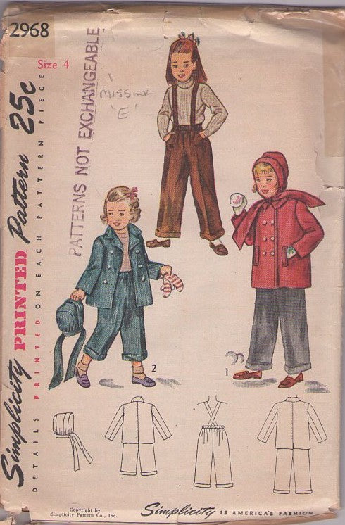 Simplicity 2968 Vintage 40's Sewing Pattern Girls' Coat, Pants, Retro Cuffed Suspender Pants, Capri Britches, Double Breasted Jacket, Coat, Chin Strap Tie On Hat Size 4