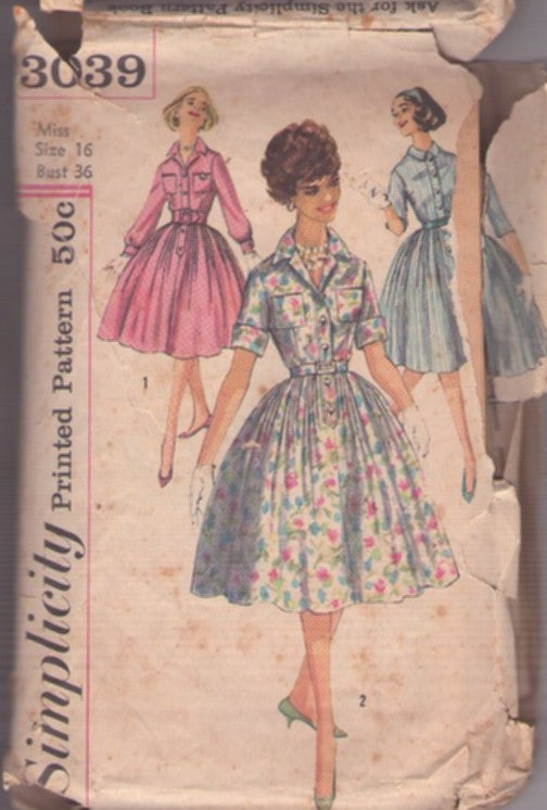 Simplicity 3039 Vintage 50's Sewing Pattern Classic Shirtwaist Day Dre – MOMSPatterns Vintage Sewing