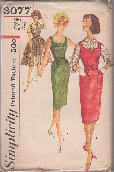 Simplicity 3077 Vintage 50's Sewing Pattern Rockabilly Separates, Vixen, Curve Hugging Sheath Cocktail Party Dress, Jumper & Button Tab Trim Blouse Size 12