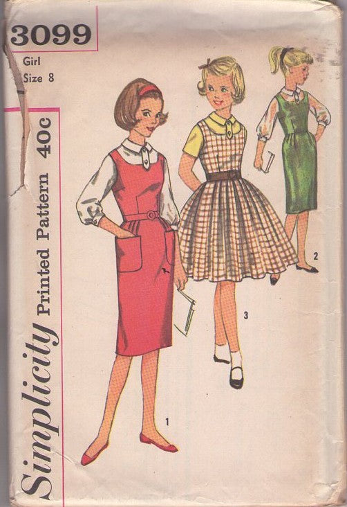 Simplicity 3099 Vintage 50's Sewing Pattern Girls' Separates, School Days Sheath, Pleated Skirt Jumper Dress, Tab Collar Blouse Size 8