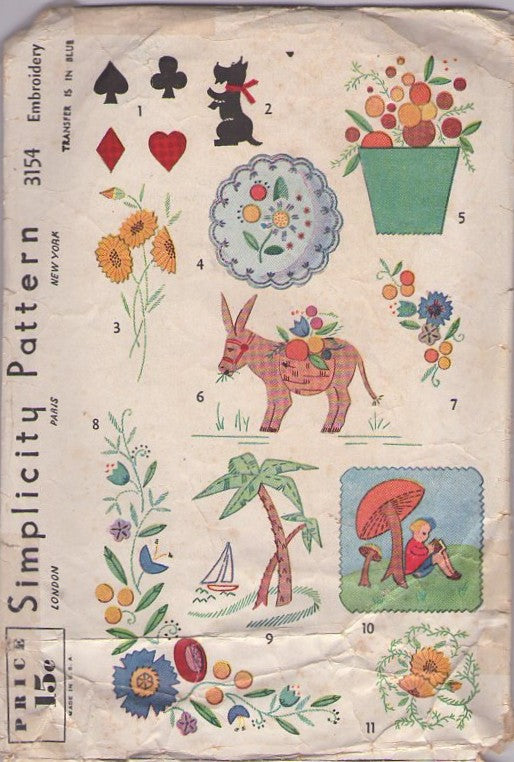 Simplicity 3154 Vintage 30's Sewing Pattern Embroidery Motifs, Felt Crafts, Flowers, Animals, Scenic, Trims