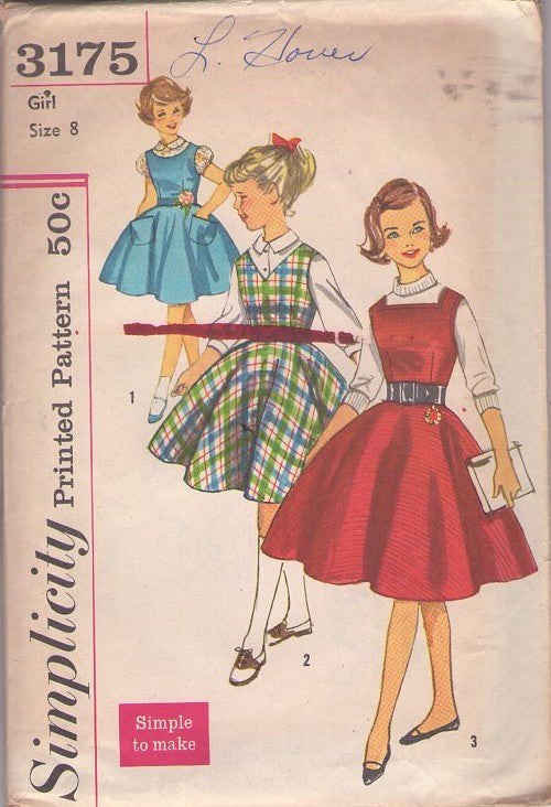 Simplicity 3175 Vintage 50's Sewing Pattern Girls' Jumpers, School Days Easy Flared Jumper, Dress with 3 Necklines Size 8