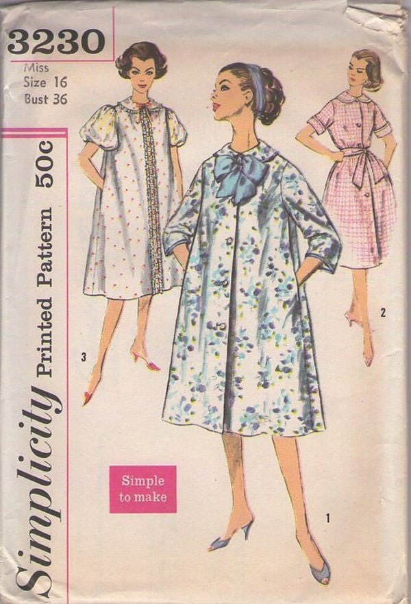 Simplicity 3230 Vintage 50's Sewing Pattern House Coat, Dress, Simple to Make Vanity Fair Style Peignoir, House Coat, Lucy Robe, House Dress Size 16