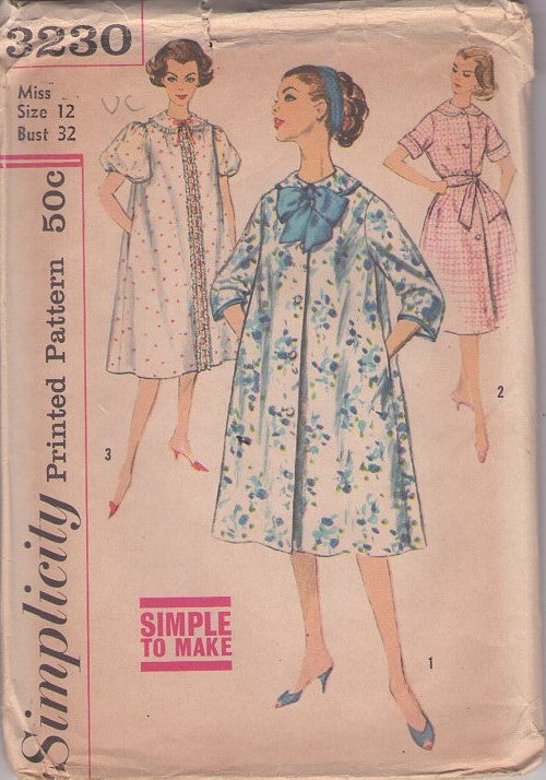 Simplicity 3230 Vintage 50's Sewing Pattern Housecoat, Dress, Simple to Make Vanity Fair Style Peignoir, House Coat, Lucy Robe, House Dress Size 12
