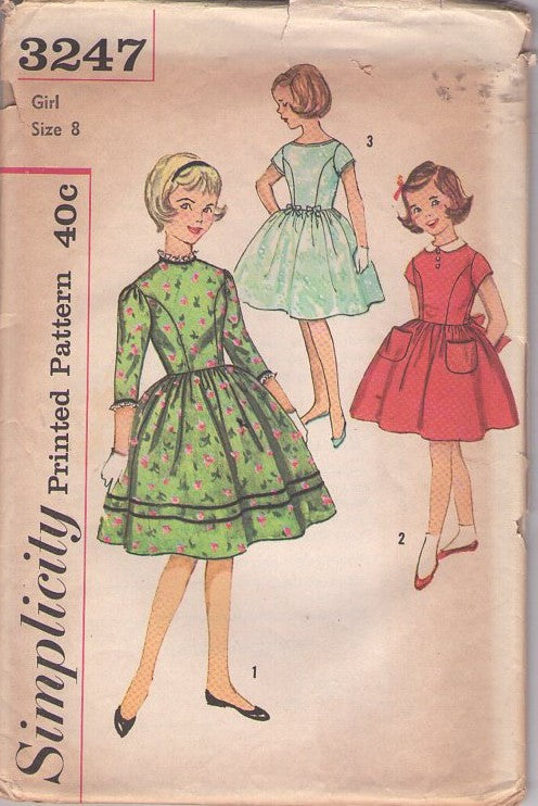 Simplicity 3247 Vintage 50's Sewing Pattern Girls' Dress Set, Princess Seams Gathered Skirt Holiday Fancy Party Dress Set 3 Styles Size 8