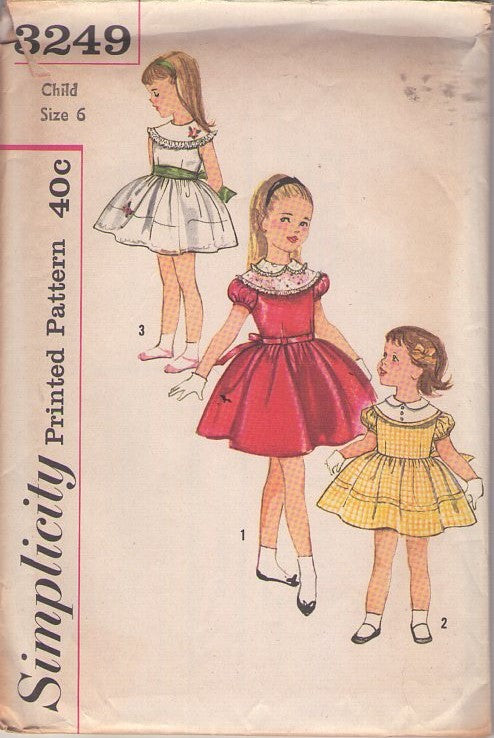 Simplicity 3249 Vintage 50's Sewing Pattern Girls' Party Dresses, Round Yoke, Tie Back, Flared Circular Skirt School Dress, 3 Styles Size 6