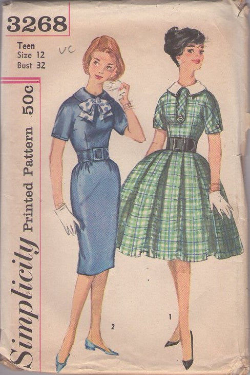 Simplicity 3268 Vintage 50's Sewing Pattern Rockabilly Dresses, Vixen Mad Men Sheath Dress, Full Pleated Skirt Party Dress Size 12