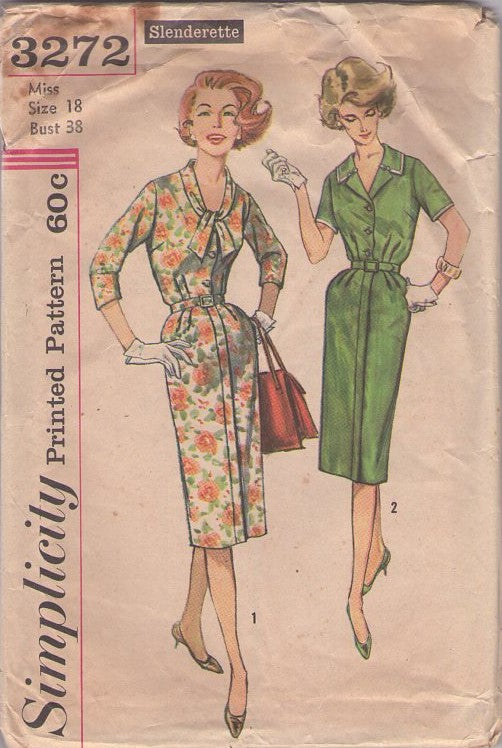 Simplicity 3272 Vintage 50's Sewing Pattern Slenderette Dress Set, Slim Sheath Skirt Buttoned Front Step In Shirtwaist Dress, 2 Styles Size 18