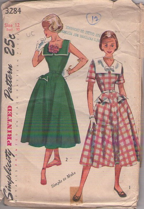 Simplicity 3284 Vintage 50's Sewing Pattern Lucy Day Dress Set, HUGE Flap Pockets, Square Collars, Rockabilly Party, 2 Styles Size 12