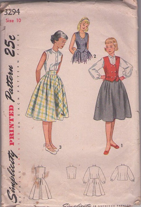 Simplicity 3294 Vintage 50's Sewing Pattern Girls' Separates, Summer 2 Piece Dress, Blouse, Weskit Vest, Flared Pleated Skirt Size 10