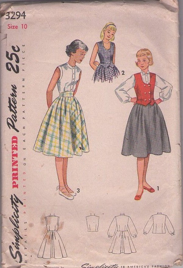 Simplicity 3294 Vintage 50's Sewing Pattern Girls' Separates, Summer 2 Piece Dress, Blouse, Weskit Vest, Flared Pleated Skirt Size 10