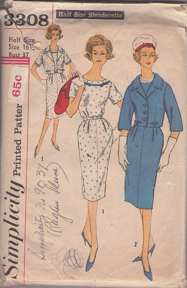 Simplicity 3308 Vintage 60's Sewing Pattern Day Dress, Jacket, Half Size Slenderette, Jackie O Sheath Party Dress, Suit Jacket Size 16.5