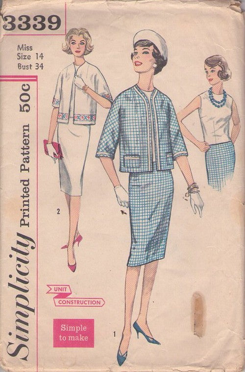 Simplicity 3339 Vintage 60's Sewing Pattern Suit Dress, Simple To Make, 3 Pieces, Overblouse Top, Slim Sheath Skirt, Kimono Sleeve Jacket Size 14