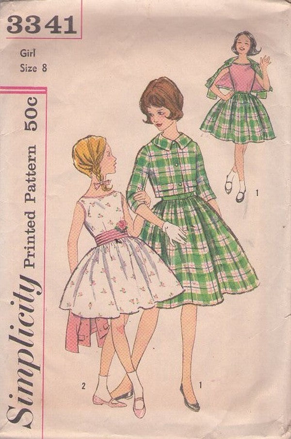 Simplicity 3341 Vintage 60's Sewing Pattern Girls' School Dress, Jacket, Modest, Bateau Neck, Optional Contrast Bodice, Dance Party Dress & Cropped Jacket Size 8
